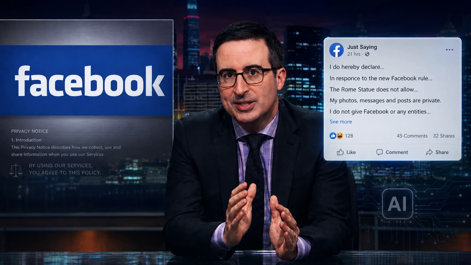 Editorial composite showing John Oliver between a Facebook privacy notice and a mock Facebook post declaring that photos and information may not be used, with an AI graphic.